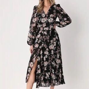 Lulu's Blooming Whimsy Black Floral Pleated Midi Wrap Dress